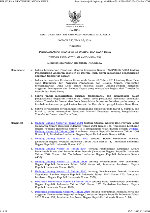 Peraturan Menteri Keuangan Nomor 250/PMK.07/2014