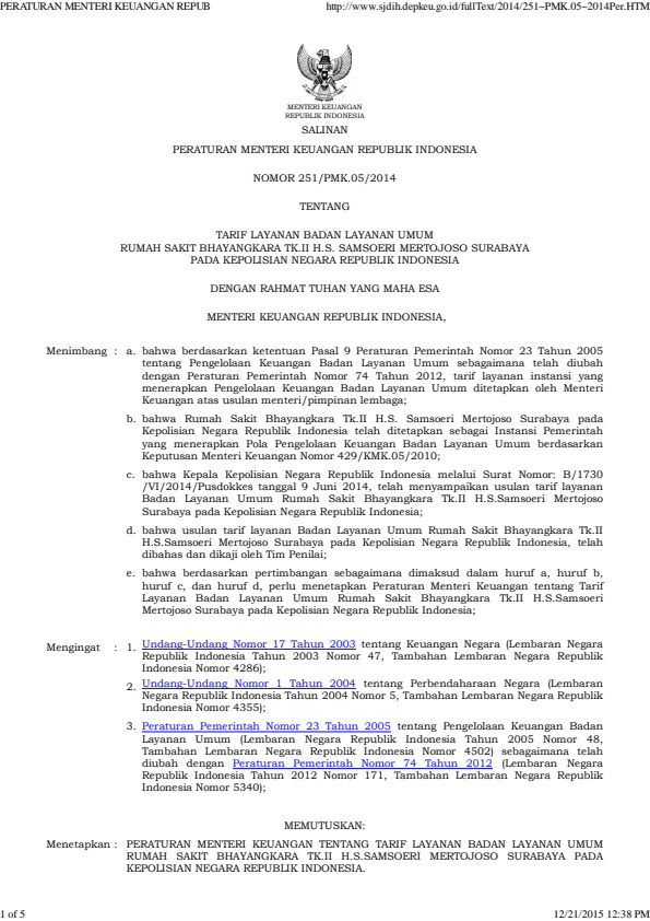 Peraturan Menteri Keuangan Nomor 251/PMK.05/2014