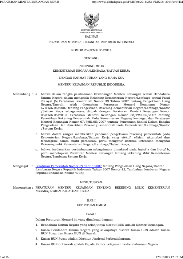 Peraturan Menteri Keuangan Nomor 252/PMK.05/2014