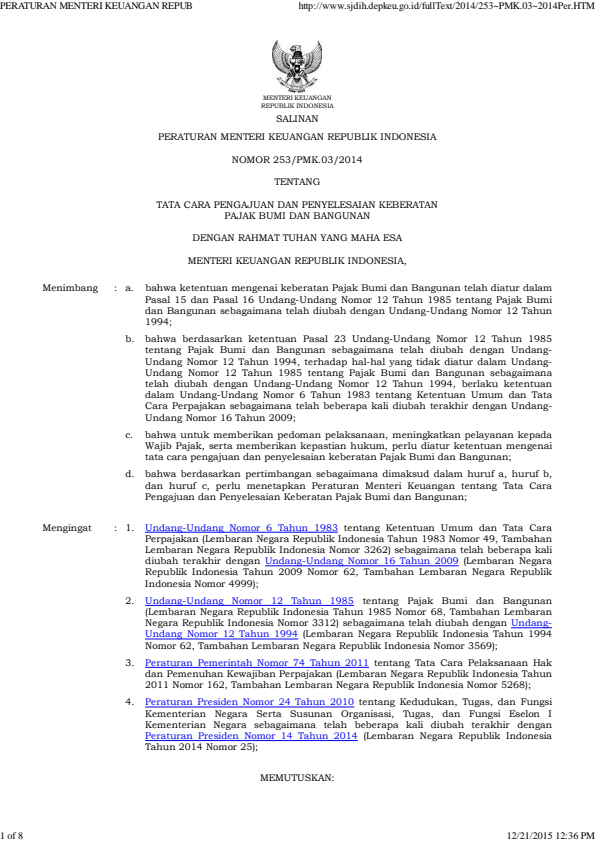 Peraturan Menteri Keuangan Nomor 253/PMK.03/2014