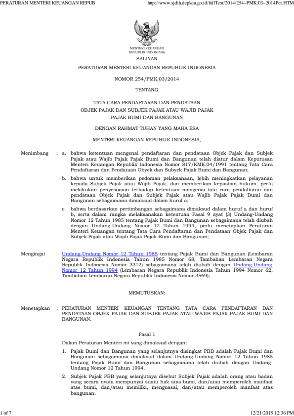Peraturan Menteri Keuangan Nomor 254/PMK.03/2014
