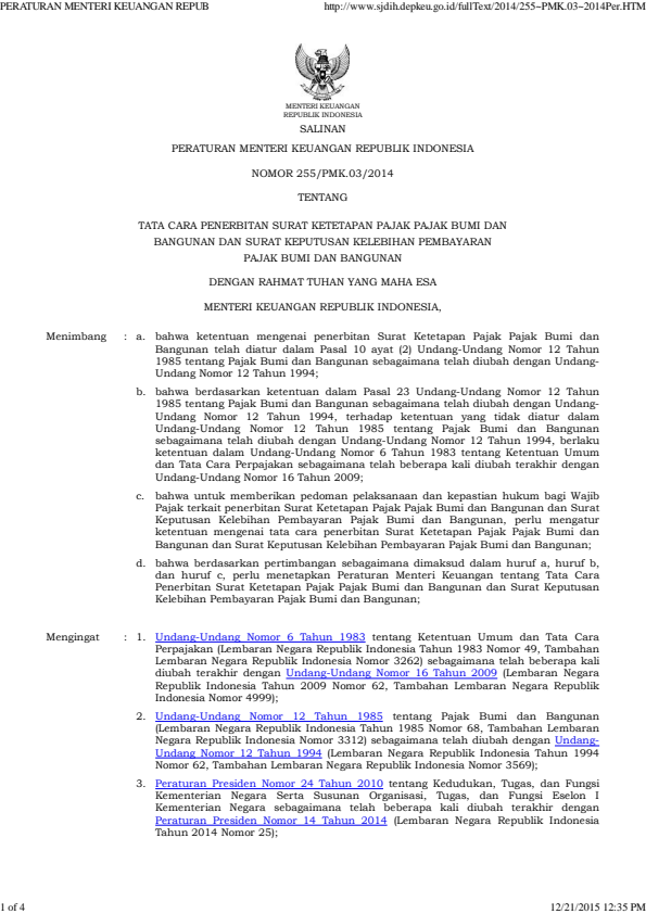 Peraturan Menteri Keuangan Nomor 255/PMK.03/2014