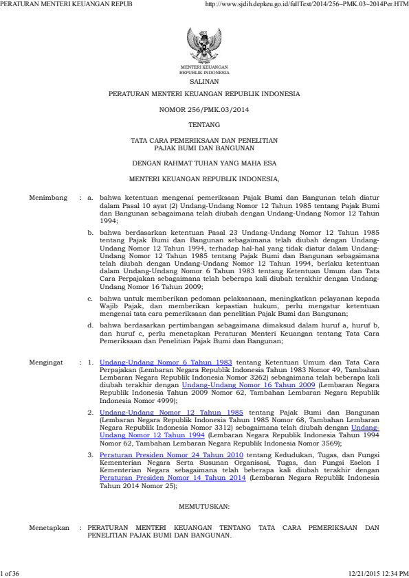 Peraturan Menteri Keuangan Nomor 256/PMK.03/2014
