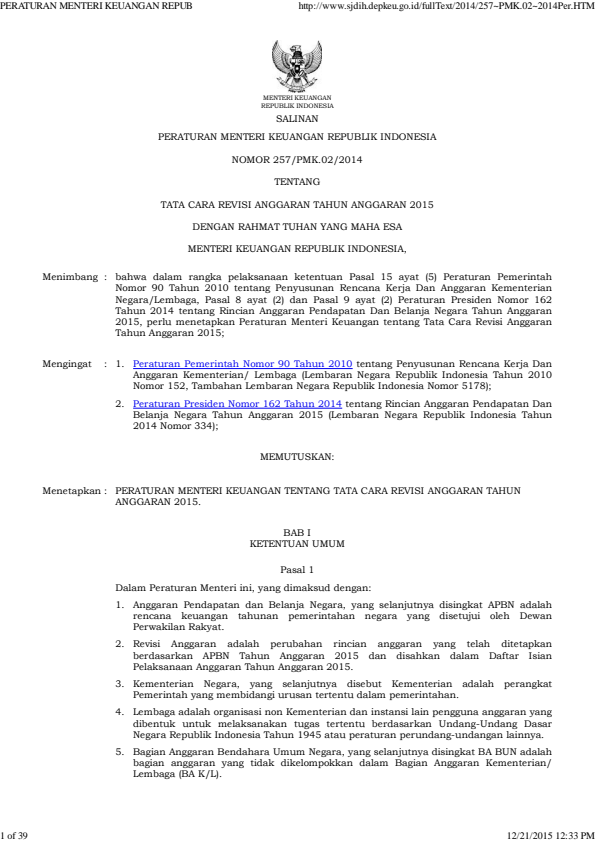 Peraturan Menteri Keuangan Nomor 257/PMK.02/2014