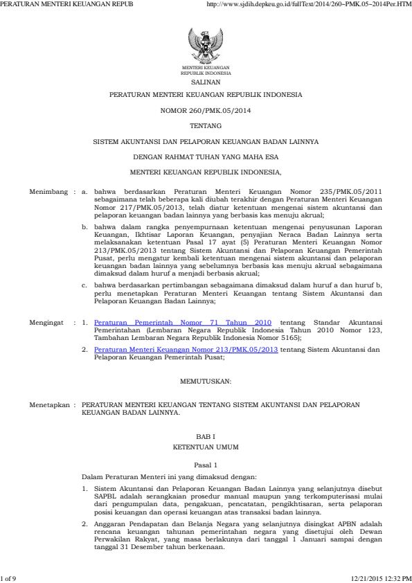 Peraturan Menteri Keuangan Nomor 260/PMK.05/2014