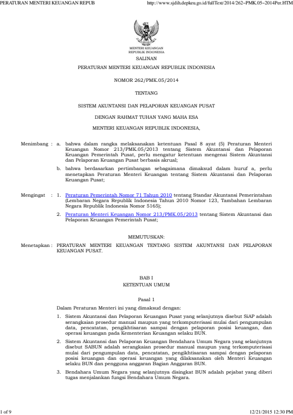 Peraturan Menteri Keuangan Nomor 262/PMK.05/2014