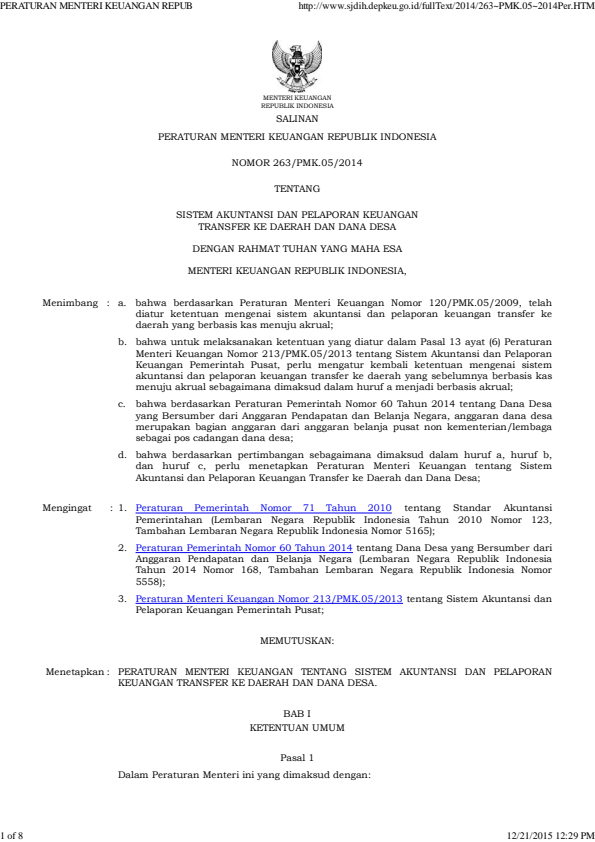 Peraturan Menteri Keuangan Nomor 263/PMK.05/2014