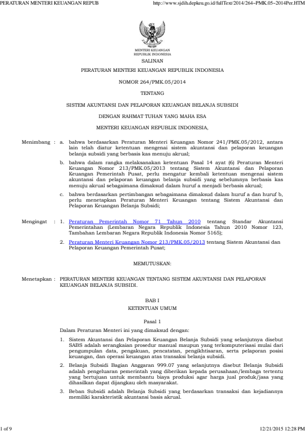 Peraturan Menteri Keuangan Nomor 264/PMK.05/2014