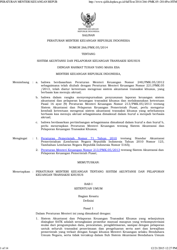 Peraturan Menteri Keuangan Nomor 266/PMK.05/2014