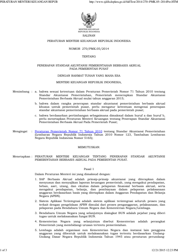 Peraturan Menteri Keuangan Nomor 270/PMK.05/2014