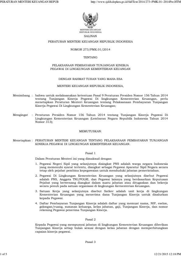 Peraturan Menteri Keuangan Nomor 273/PMK.01/2014