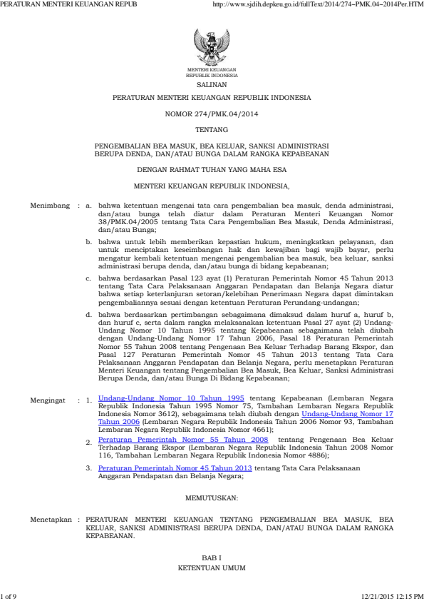 Peraturan Menteri Keuangan Nomor 274/PMK.04/2014