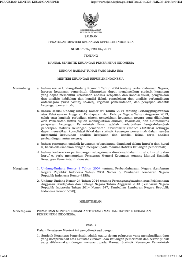 Peraturan Menteri Keuangan Nomor 275/PMK.05/2014