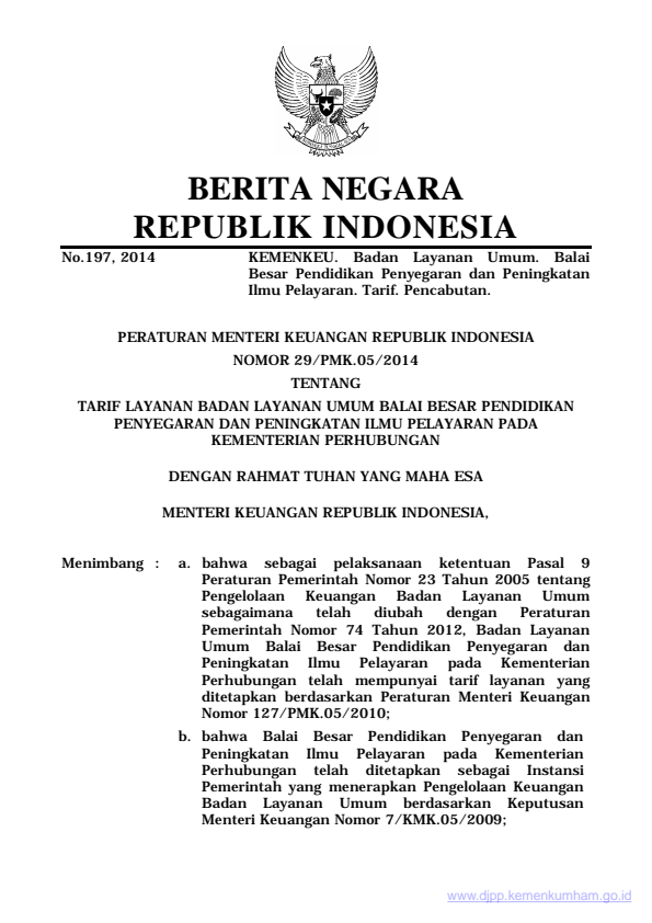 Peraturan Menteri Keuangan Nomor 29/PMK.05/2014