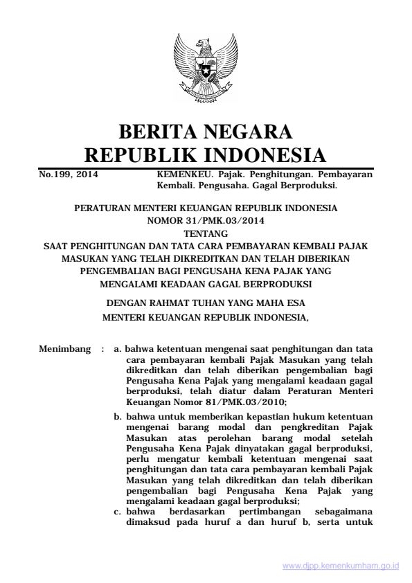 Peraturan Menteri Keuangan Nomor 31/PMK.03/2014