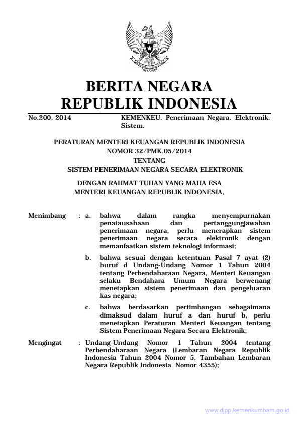 Peraturan Menteri Keuangan Nomor 32/PMK.05/2014