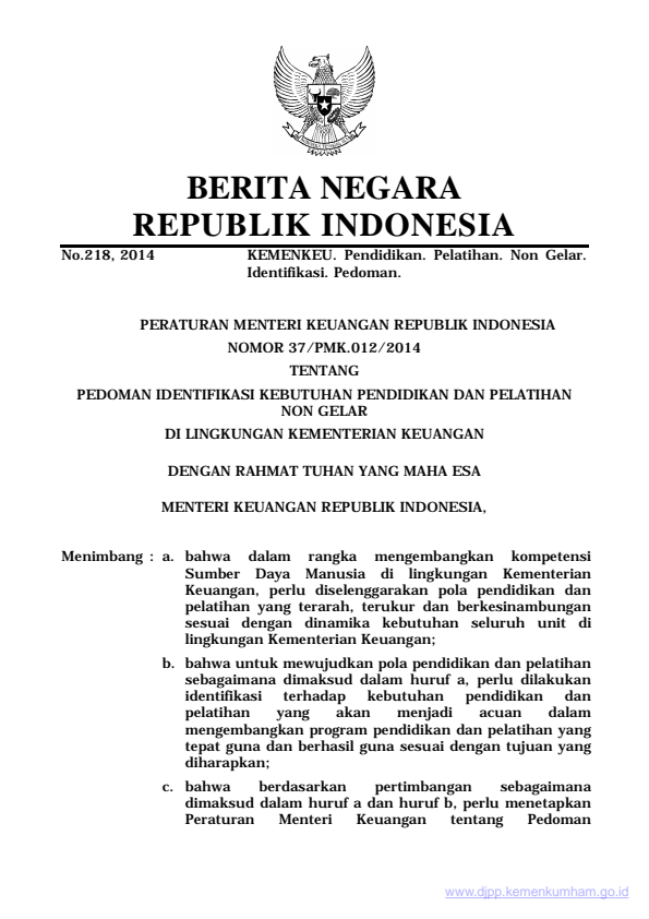 Peraturan Menteri Keuangan Nomor 37/PMK.012/2014