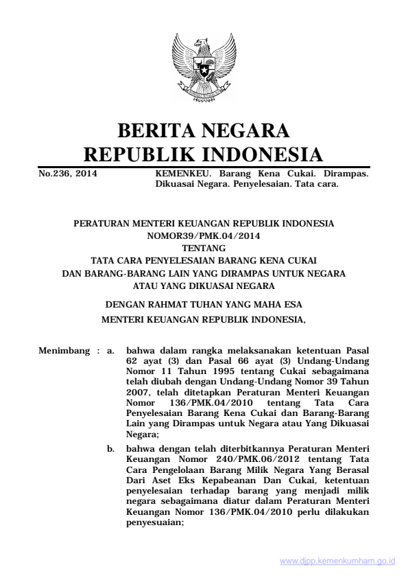 Peraturan Menteri Keuangan Nomor 39/PMK.04/2014