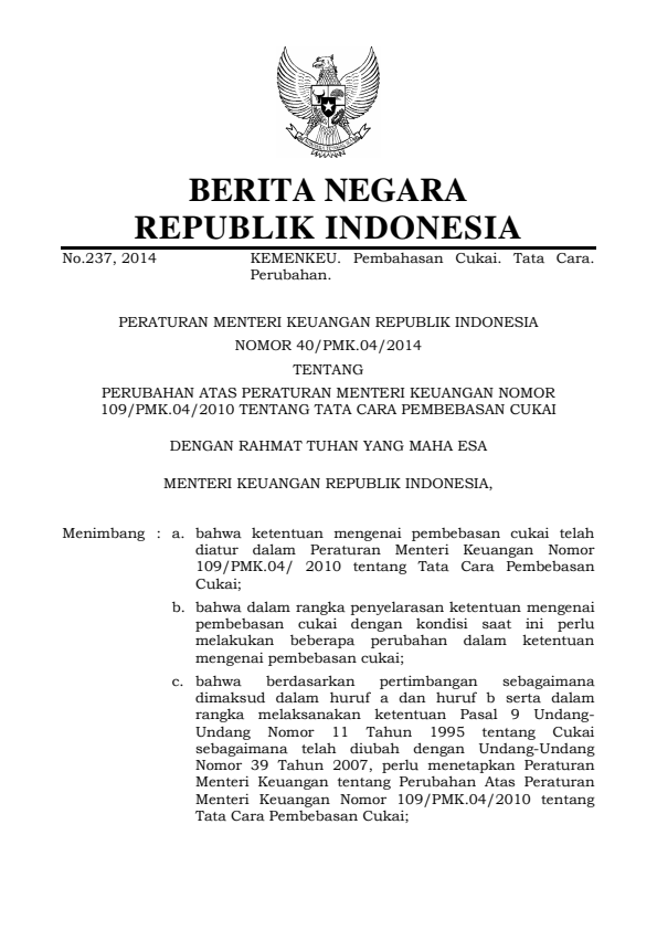 Peraturan Menteri Keuangan Nomor 40/PMK.04/2014