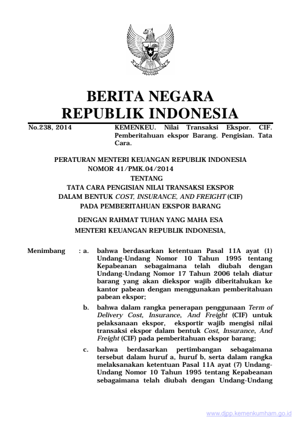 Peraturan Menteri Keuangan Nomor 41/PMK.04/2014