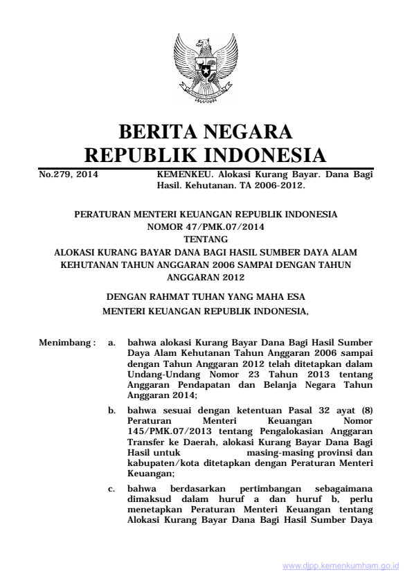 Peraturan Menteri Keuangan Nomor 47/PMK.07/2014