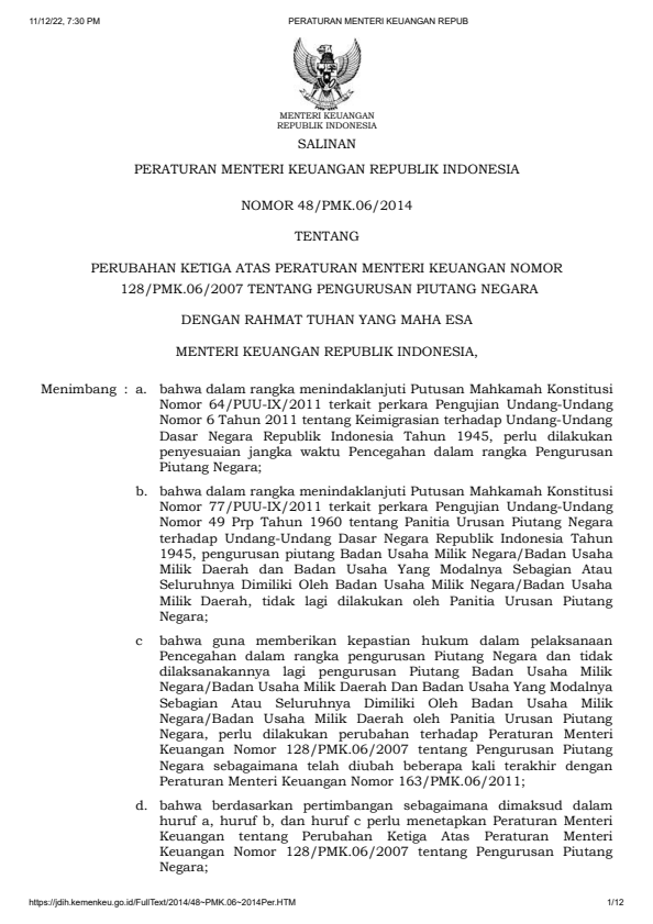 Peraturan Menteri Keuangan Nomor 48/PMK.06/2014