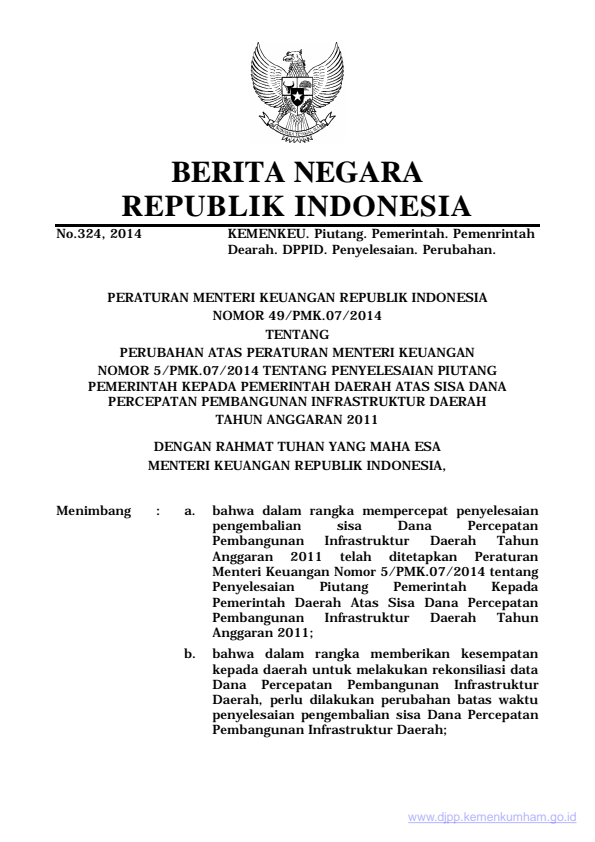 Peraturan Menteri Keuangan Nomor 49/PMK.07/2014