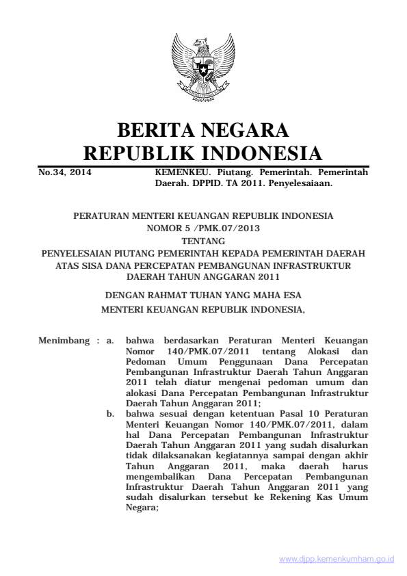 Peraturan Menteri Keuangan Nomor 5/PMK.07/2014