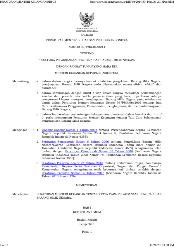 Peraturan Menteri Keuangan Nomor 50/PMK.06/2014