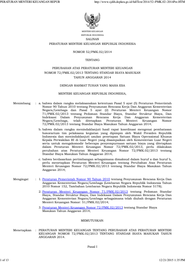 Peraturan Menteri Keuangan Nomor 52/PMK.02/2014