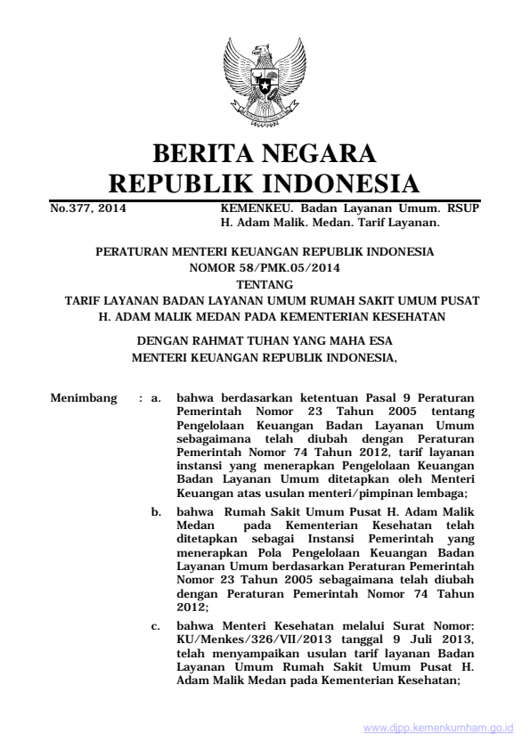 Peraturan Menteri Keuangan Nomor 58/PMK.05/2014