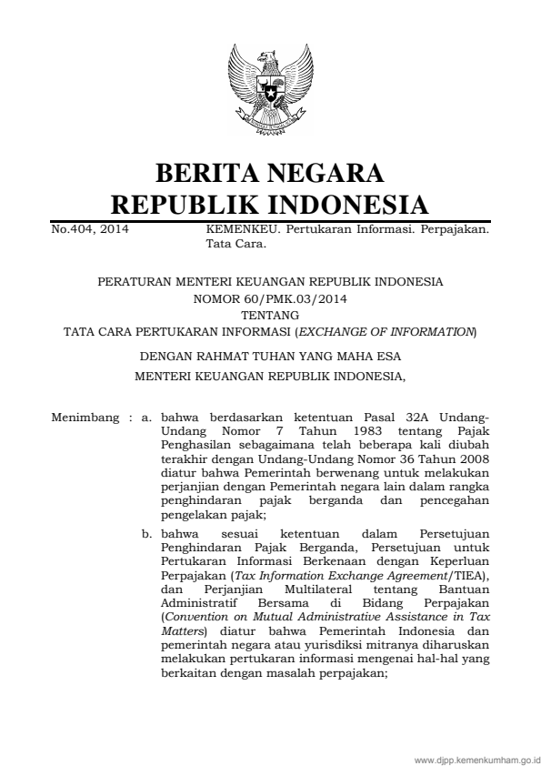 Peraturan Menteri Keuangan Nomor 60/PMK.03/2014