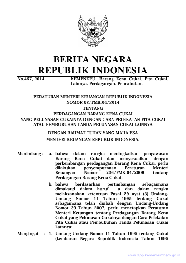 Peraturan Menteri Keuangan Nomor 62/PMK.04/2014