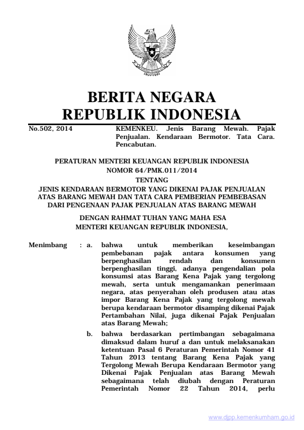 Peraturan Menteri Keuangan Nomor 64/PMK.011/2014