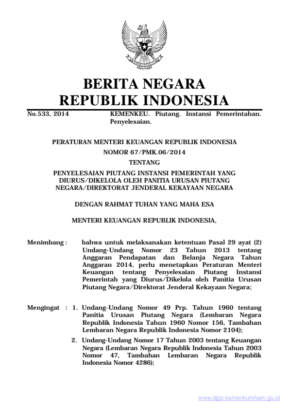 Peraturan Menteri Keuangan Nomor 67/PMK.06/2014