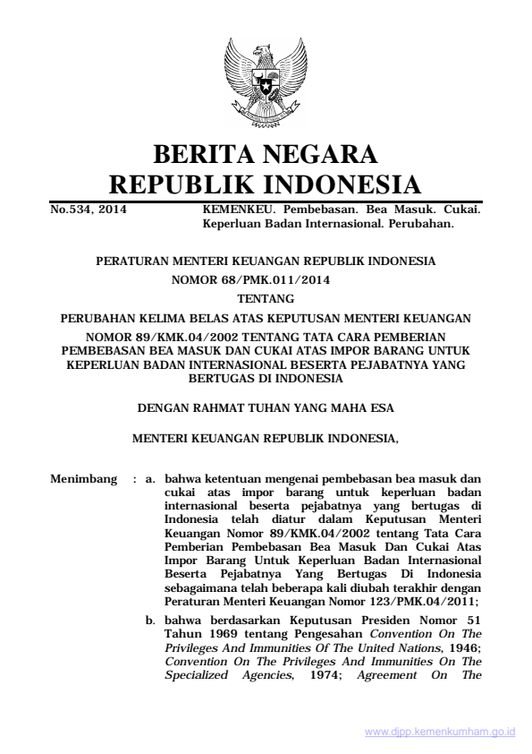 Peraturan Menteri Keuangan Nomor 68/PMK.011/2014