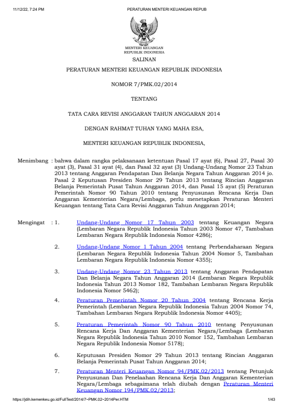 Peraturan Menteri Keuangan Nomor 7/PMK.02/2014