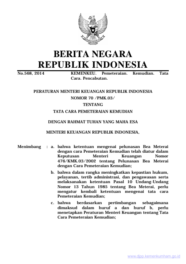 Peraturan Menteri Keuangan Nomor 70/PMK.03/2014