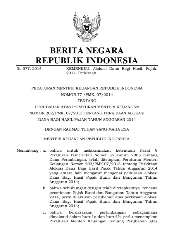 Peraturan Menteri Keuangan Nomor 77/PMK.07/2014