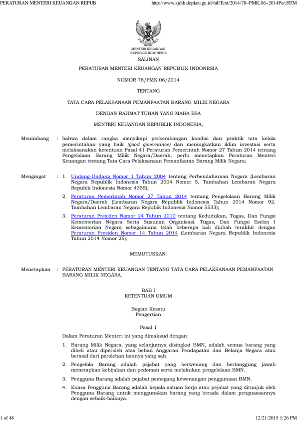 Peraturan Menteri Keuangan Nomor 78/PMK.06/2014