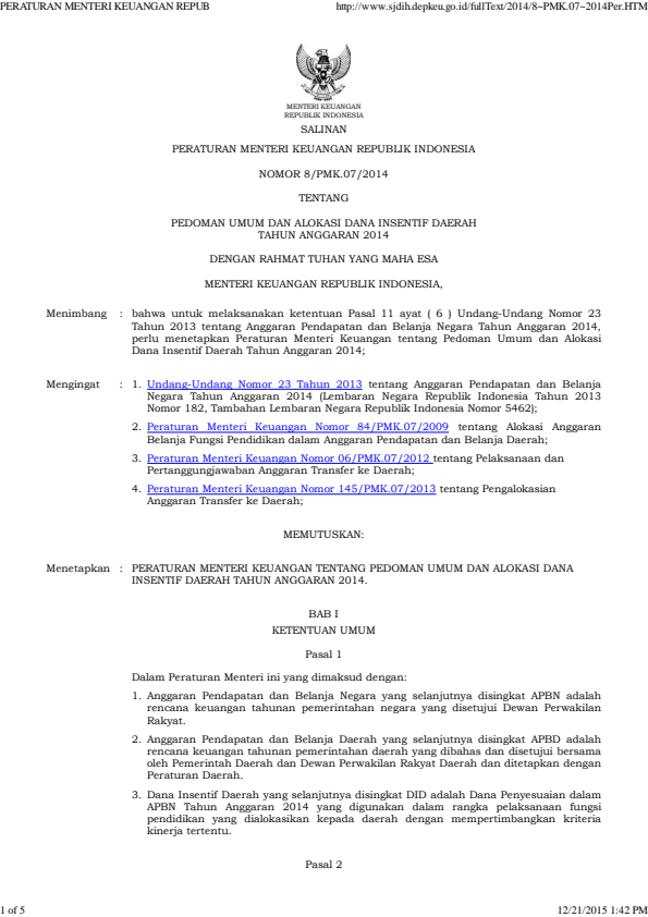 Peraturan Menteri Keuangan Nomor 8/PMK.07/2014