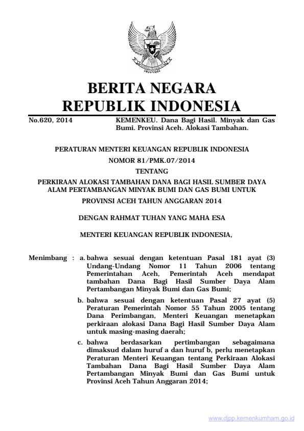 Peraturan Menteri Keuangan Nomor 81/PMK.07/2014