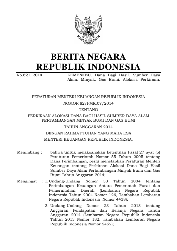 Peraturan Menteri Keuangan Nomor 82/PMK.07/2014