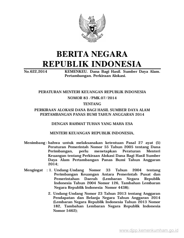 Peraturan Menteri Keuangan Nomor 83/PMK.07/2014