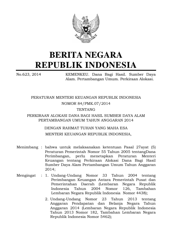 Peraturan Menteri Keuangan Nomor 84/PMK.07/2014