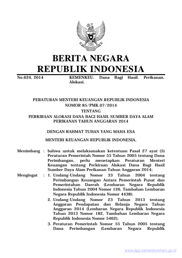 Peraturan Menteri Keuangan Nomor 85/PMK.07/2014