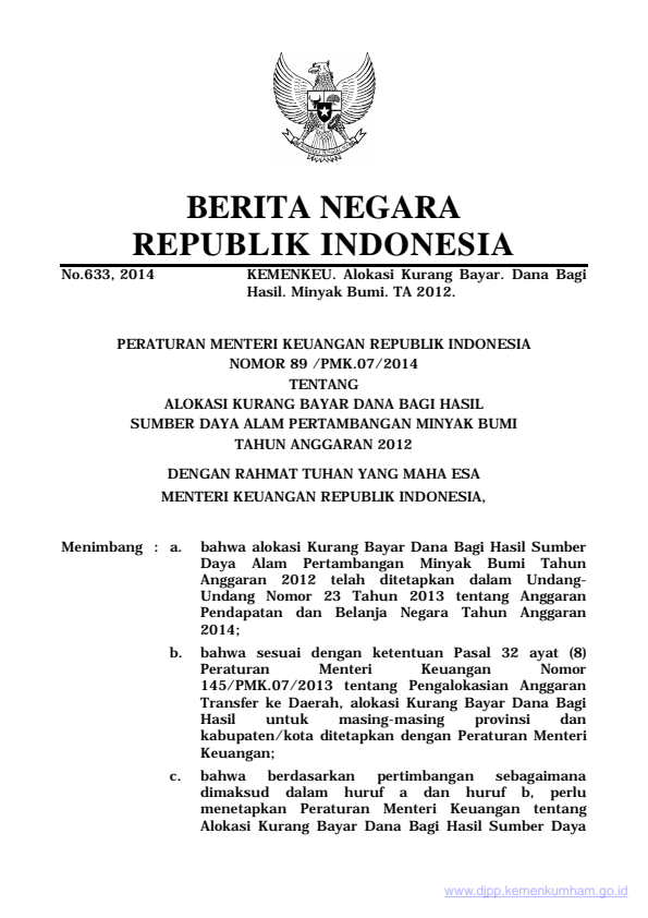 Peraturan Menteri Keuangan Nomor 89/PMK.07/2014