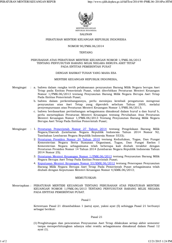 Peraturan Menteri Keuangan Nomor 90/PMK.06/2014
