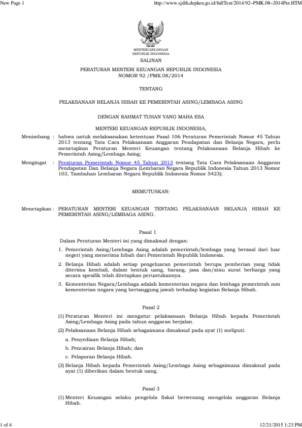 Peraturan Menteri Keuangan Nomor 92/PMK.08/2014