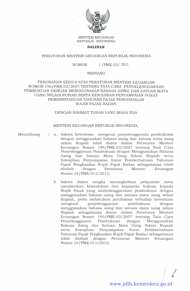 Peraturan Menteri Keuangan Nomor 1/PMK.03/2015